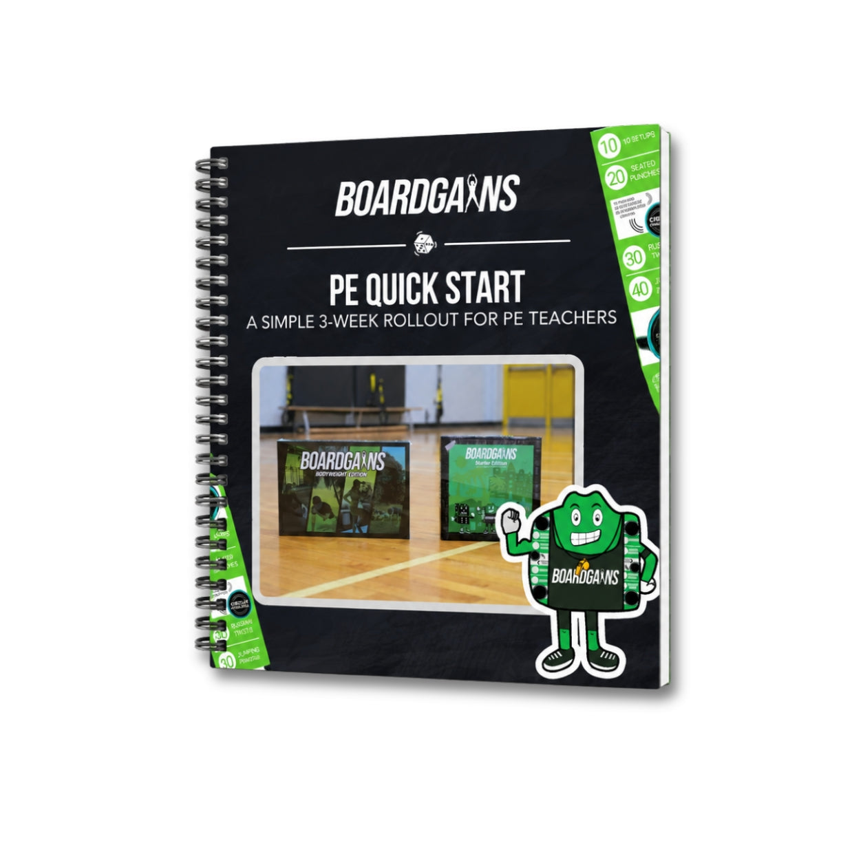 A spiral-bound booklet titled 'BOARDGAVNS PE QUICK START' shown on a plain white background. The cover is predominantly black with green accents, a central photo of a basketball court, and a green cartoon mascot.