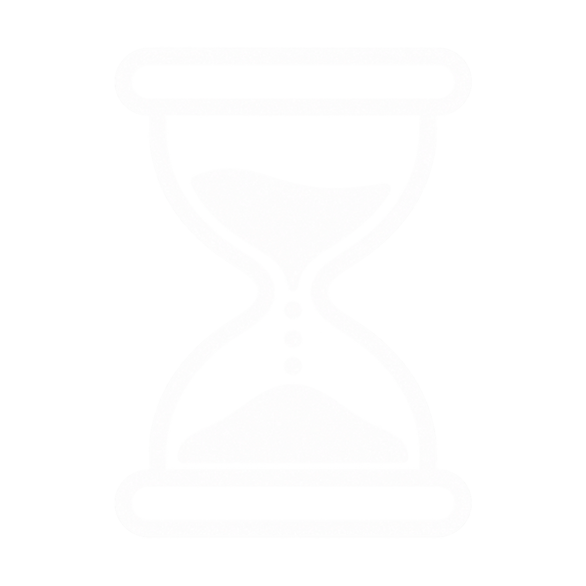 A minimalist white line-art icon of an hourglass on a solid black background.
