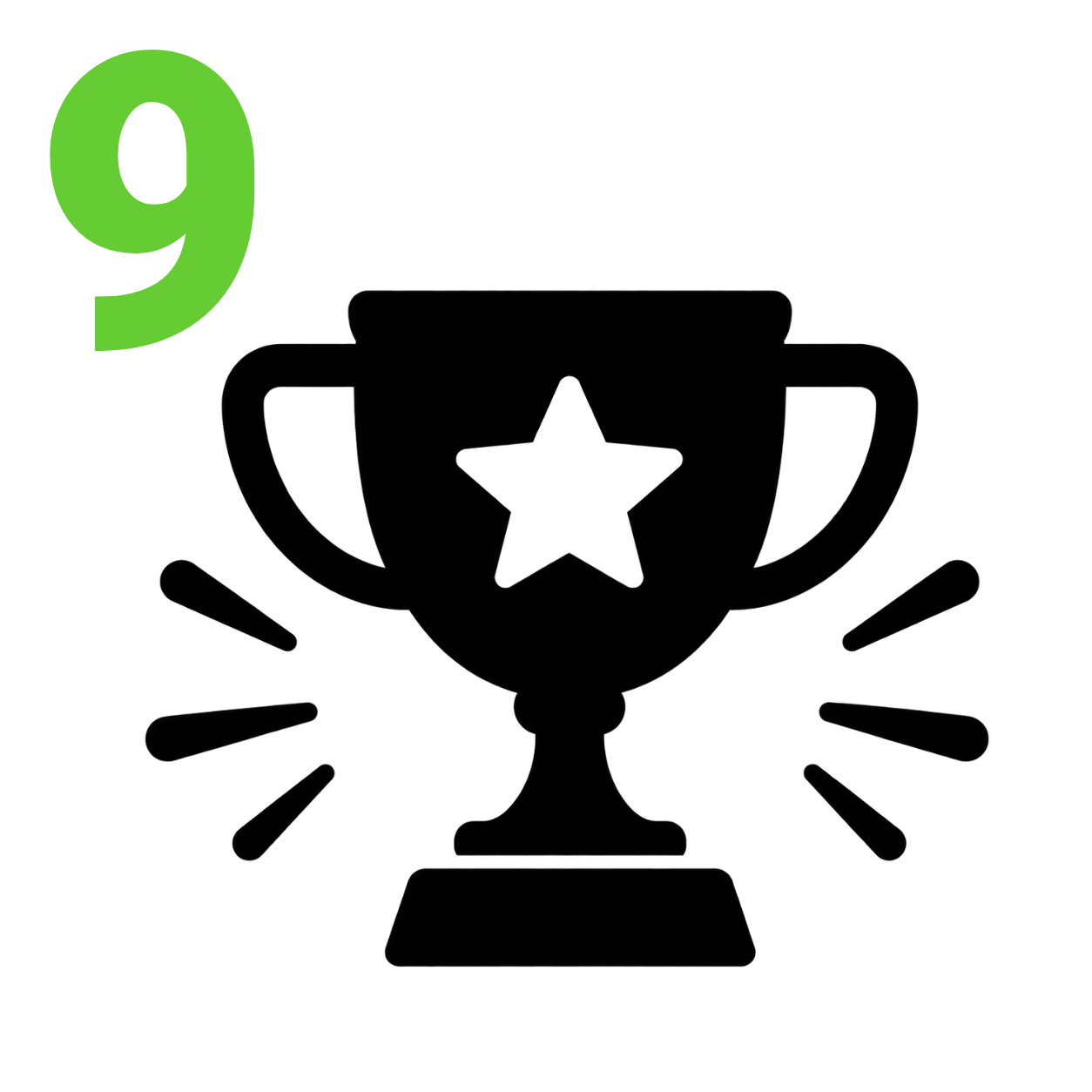 A black trophy icon with a white star in the center, a green number 9 in the upper left, and black radiating lines around the base, shown on a light gray background.