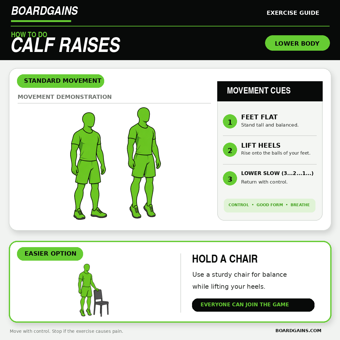 Standing calf raise demonstration with a chair-supported modification