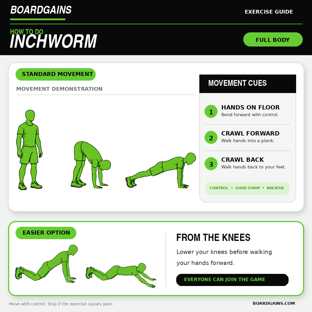 Inchworm exercise demonstration with standing and kneeling modifications