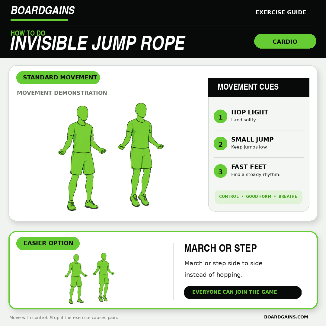: Invisible jump rope demonstration with a no-jump heel-raise modification