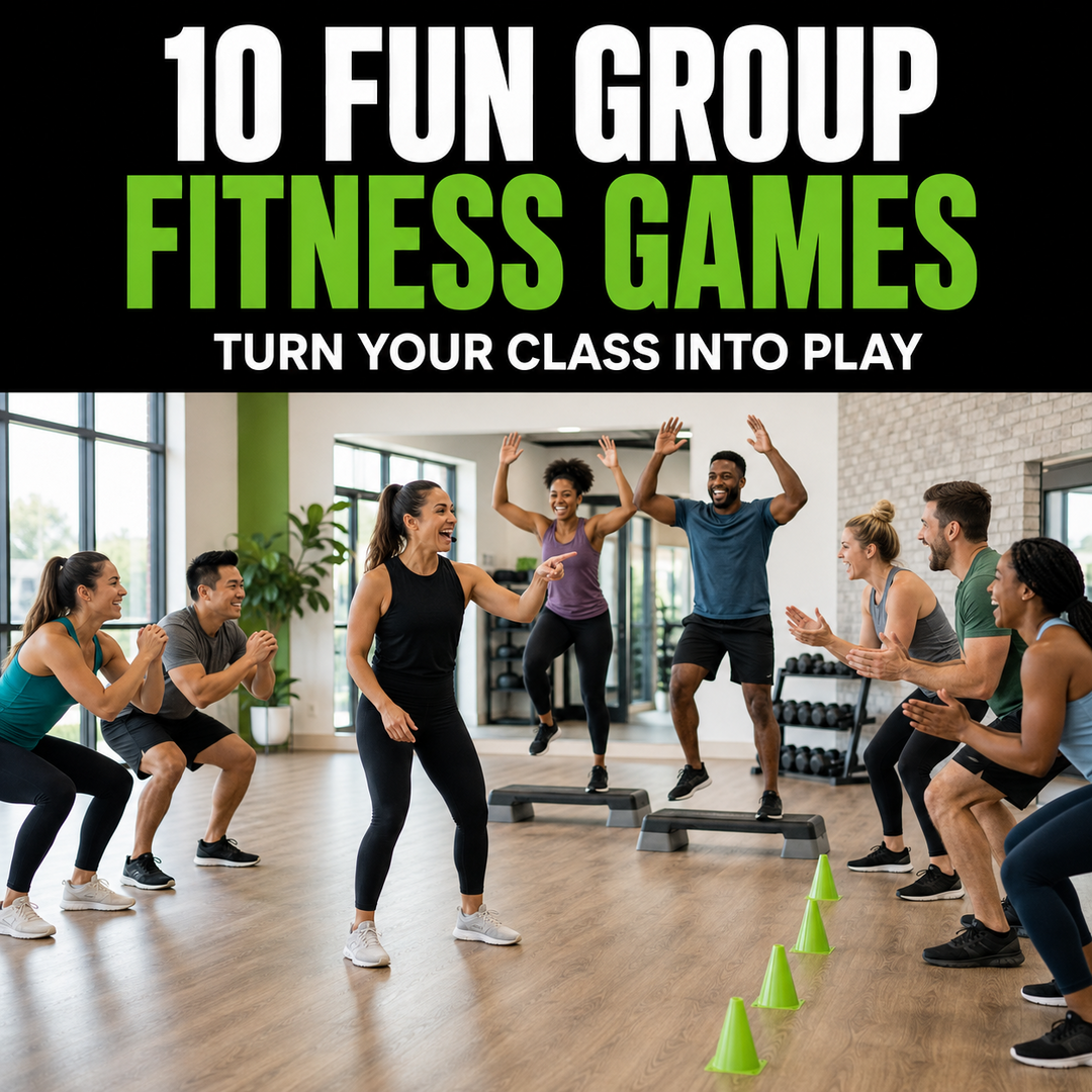 Adults participating in fun group fitness games during a workout class