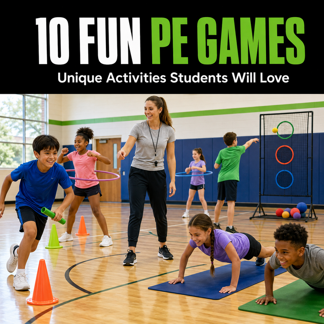 Students enjoying fun PE games and fitness activities in a school gym