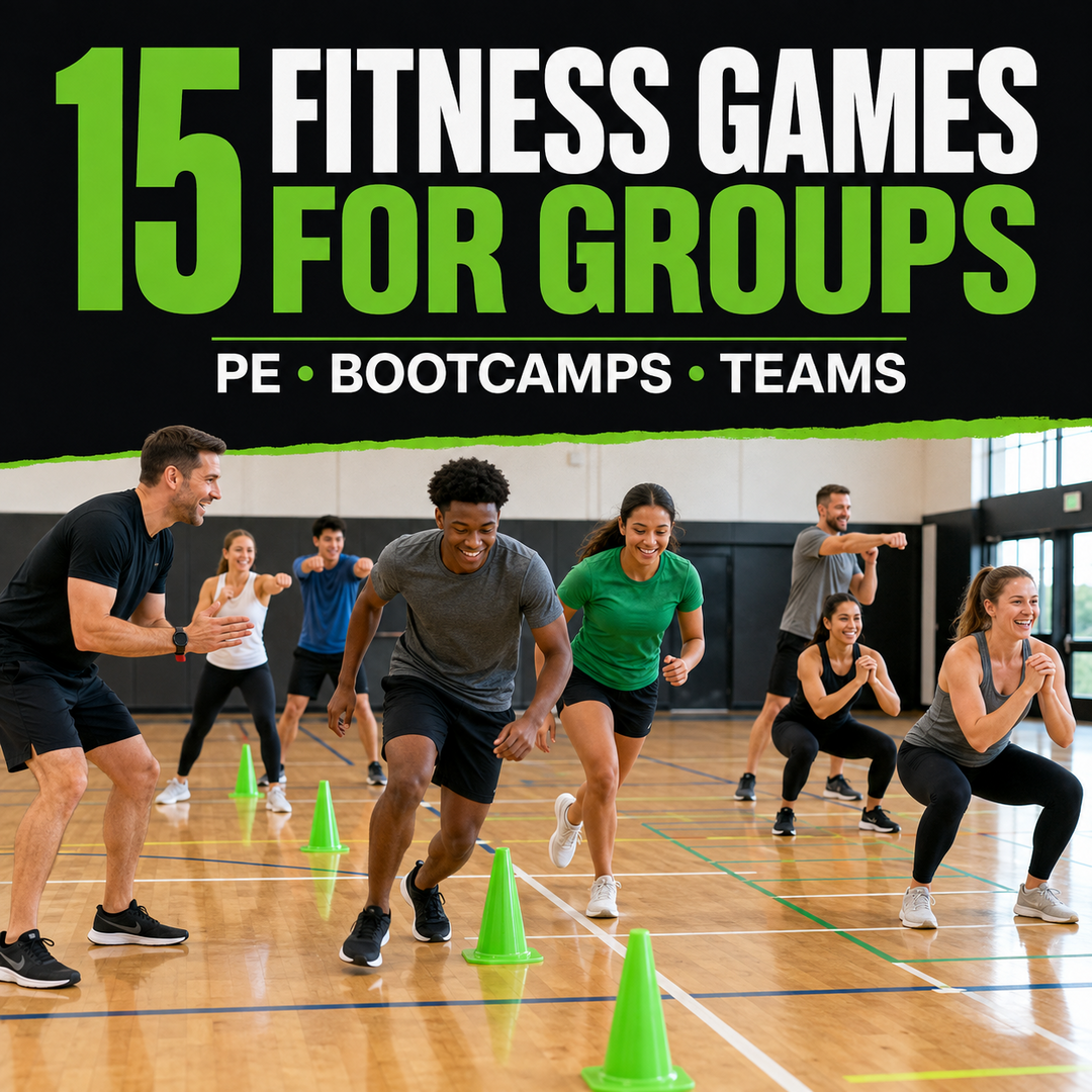 Group participating in fun team fitness games using cones during a bootcamp class
