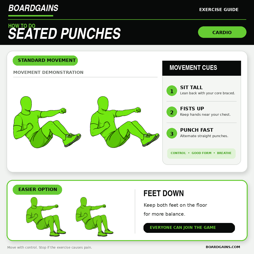 Seated punches exercise demonstration with feet-up and feet-down positions