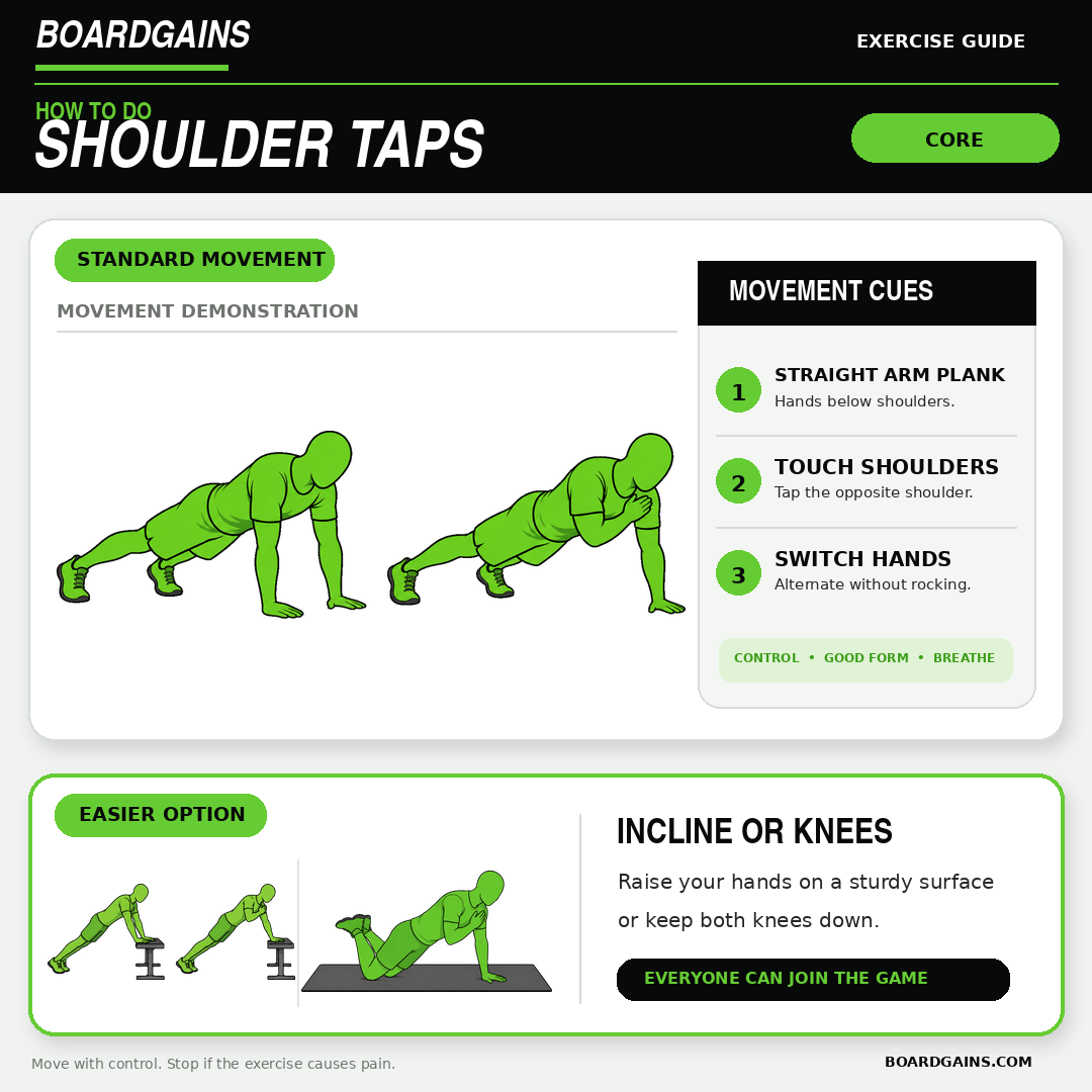 Shoulder tap exercise demonstration with full-plank and knee-supported modifications