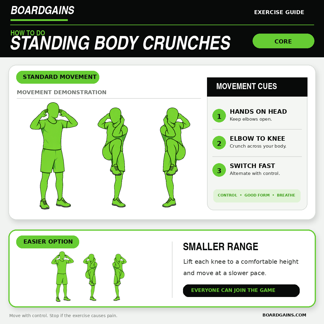 Standing body crunch demonstration with a modification