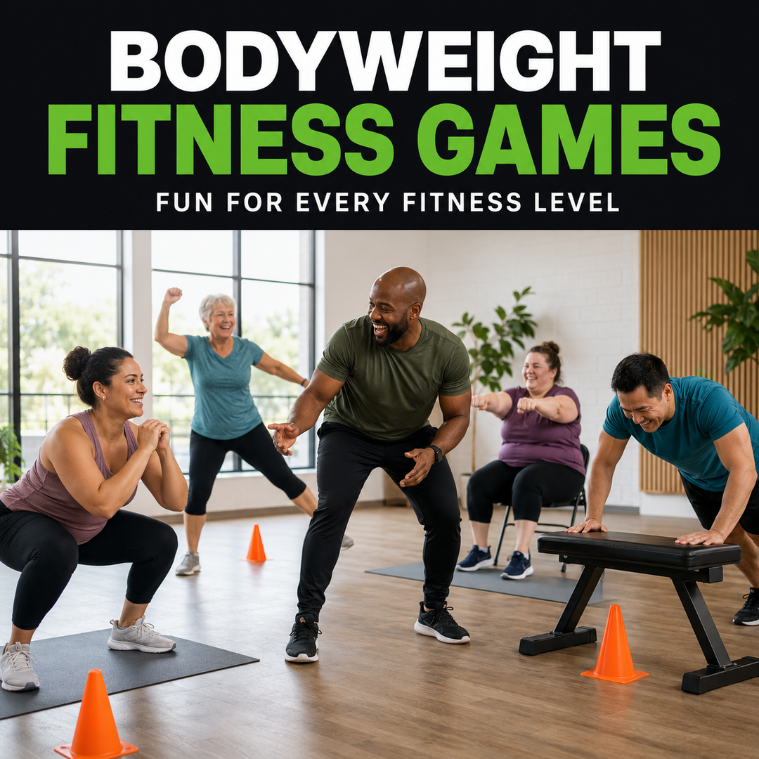Mixed-level group participating in bodyweight fitness games with an instructor