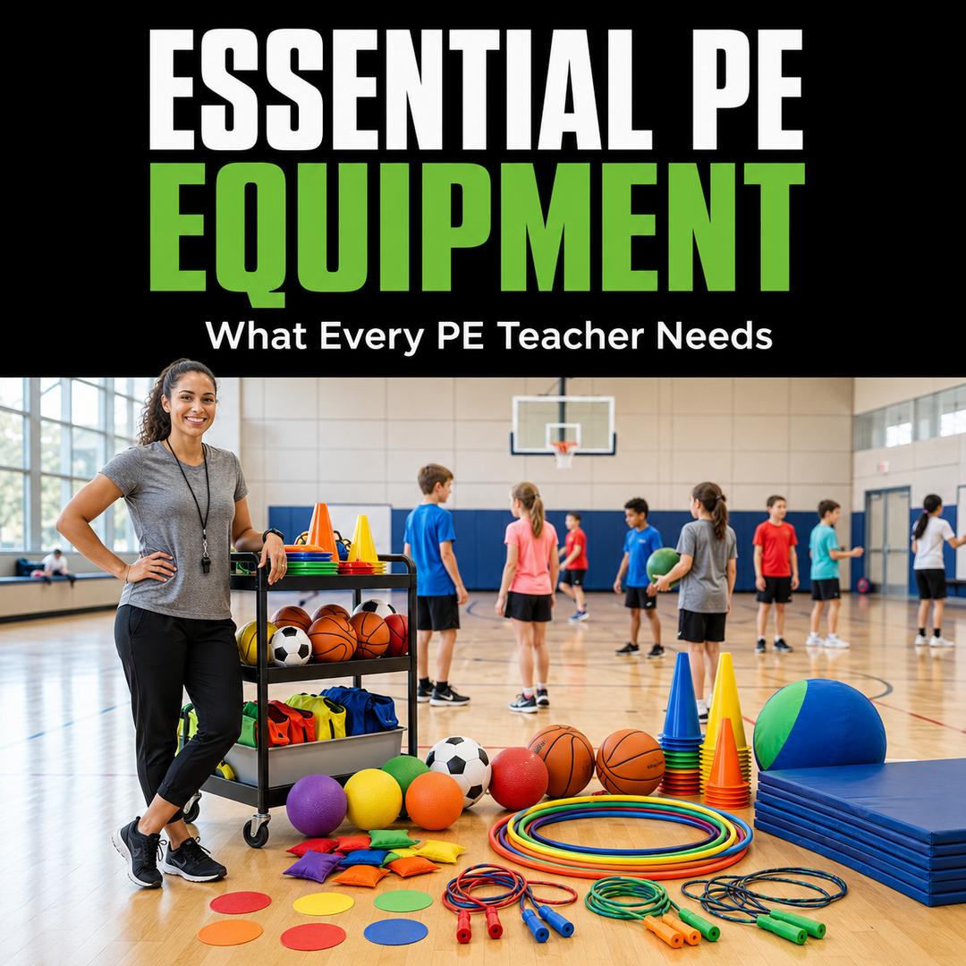 PE teacher with essential physical education equipment in a school gym