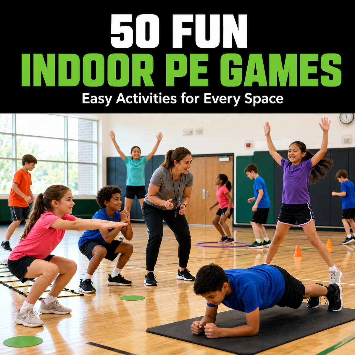 Students playing fun indoor PE games in a school gym