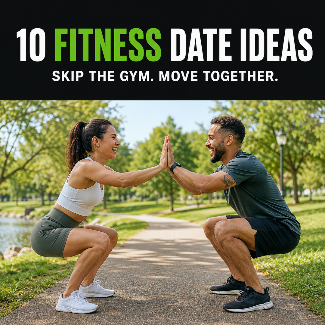 Couple enjoying a playful outdoor fitness date with partner squats and high-fives
