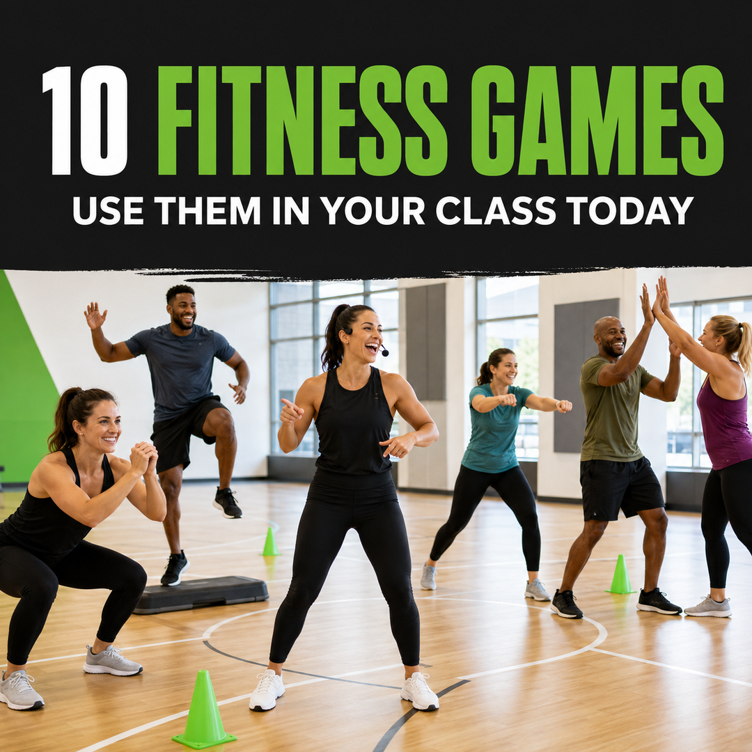 Instructor leading adults through fun team fitness games during a group class