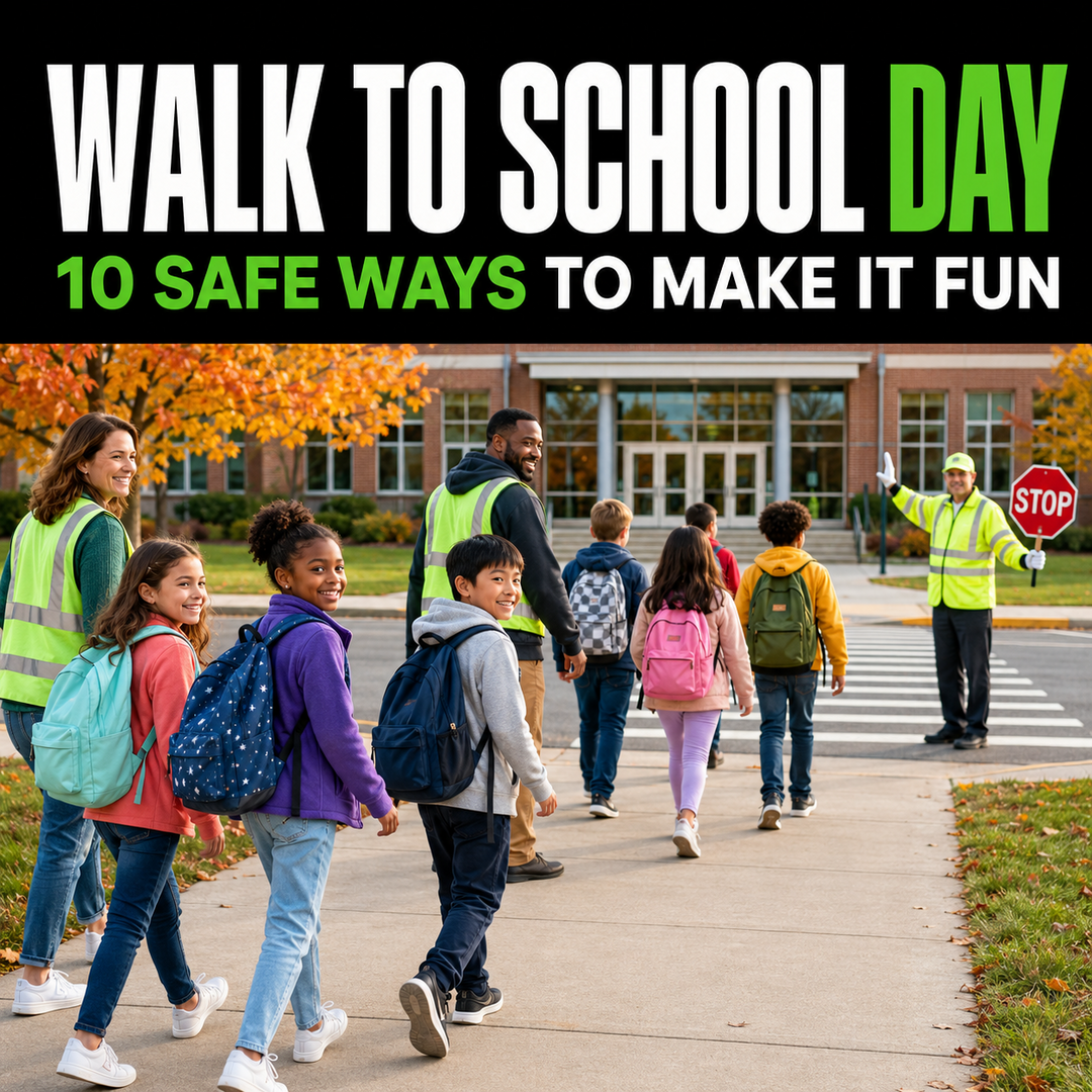 Children walking safely to school with adult volunteers and a crossing guard
