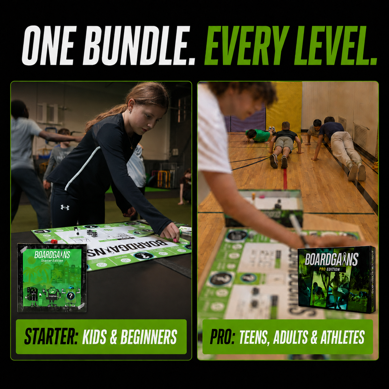 Promotional collage for a BOARDGAINS FITNESS board game bundle, showing two indoor scenes with people playing and a boxed game package labeled BOARDGAINS