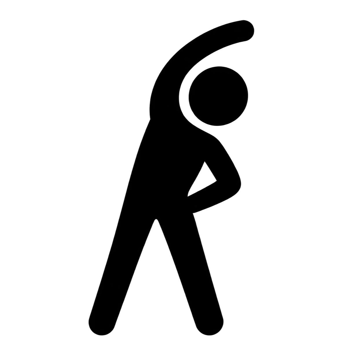 A black minimalist stick-figure icon of a person stretching upward with one arm and leaning back, centered on a plain white background.