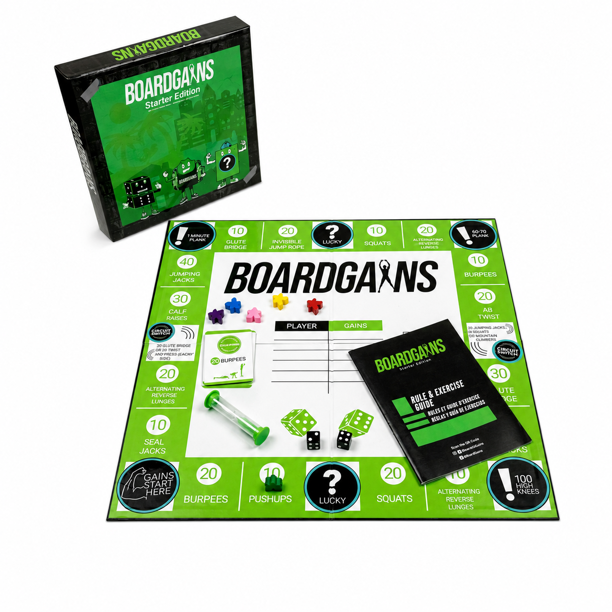 Boardgains board game starter edition set, including the green and black game board, black storage box, black roll & exercise card, green dice, and small green token vial, shown on a white background.
