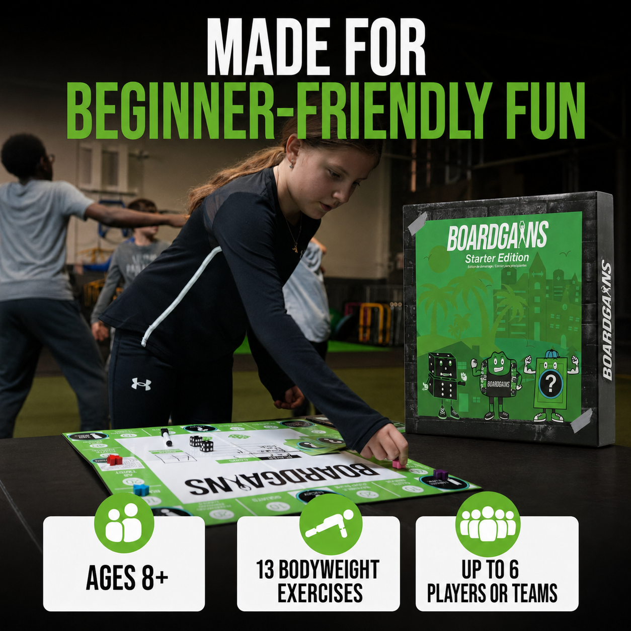 Boardgains Starter Edition game set shown with its box and board in an indoor activity setting, with a woman playing and other people blurred in the background. Large text reads 'MADE FOR BEGINNER-FRIENDLY FUN'.
