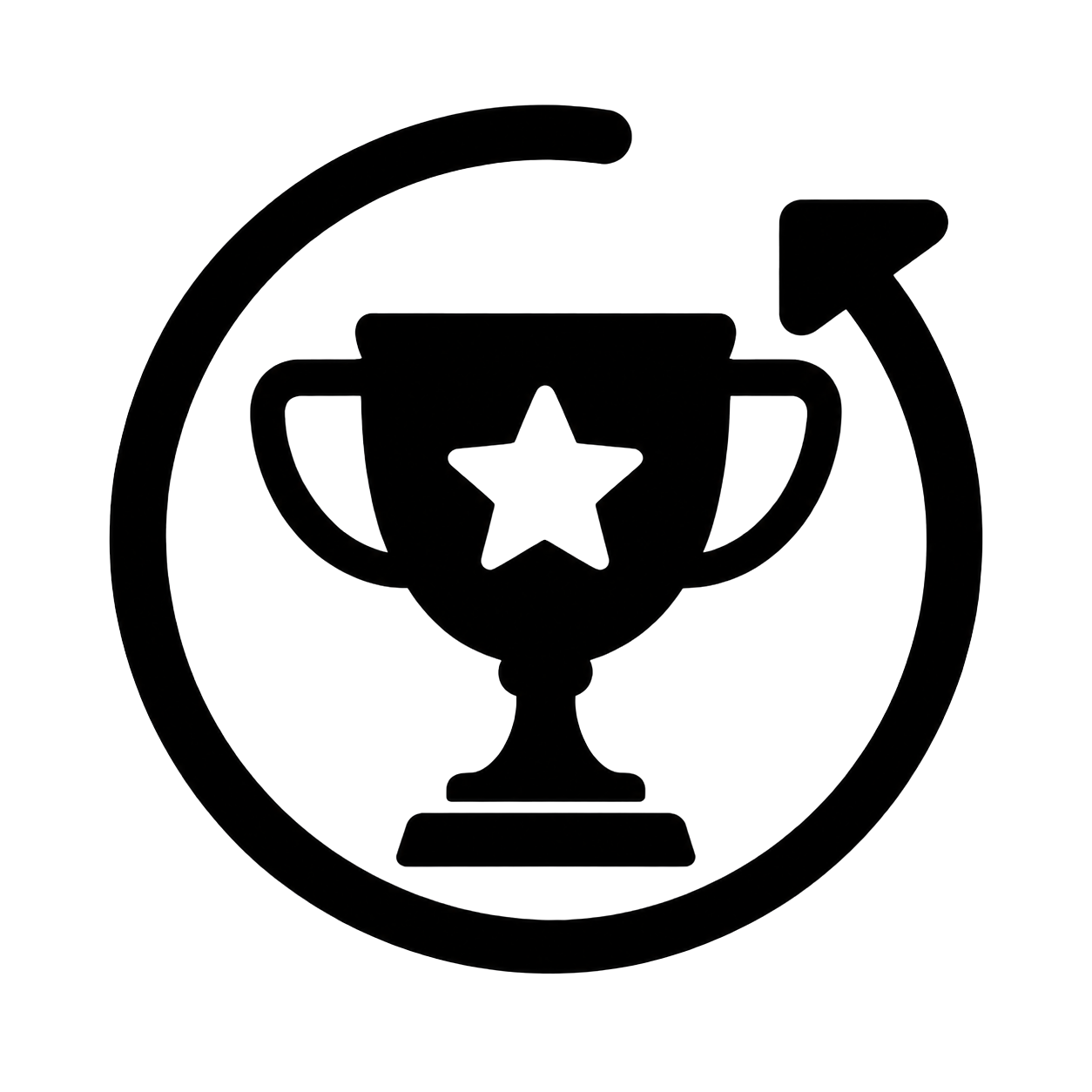 A black icon of a trophy cup with a star inside, enclosed in a circular arrow, on a white background.