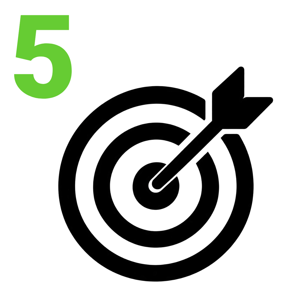 A green number 5 and a black target icon with an arrow in the center, shown on a plain white background.