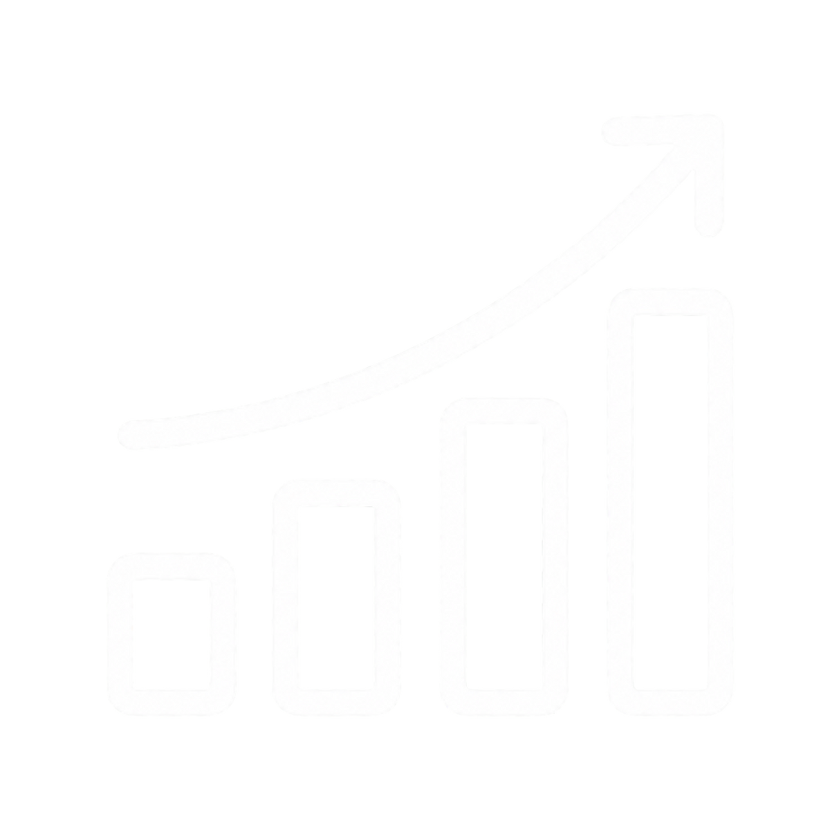 A minimalist white line graphic showing a rising arrow trend with five ascending bar-chart-like rectangles on a white background.