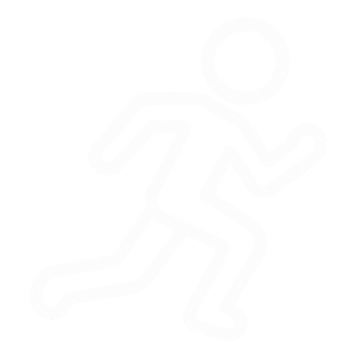 A minimalist white line art illustration of a person running with a heart monitor EKG line trending upward, set against a solid white background.