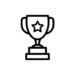A simple black line icon of a trophy cup with a star on the front, centered on a plain white background.