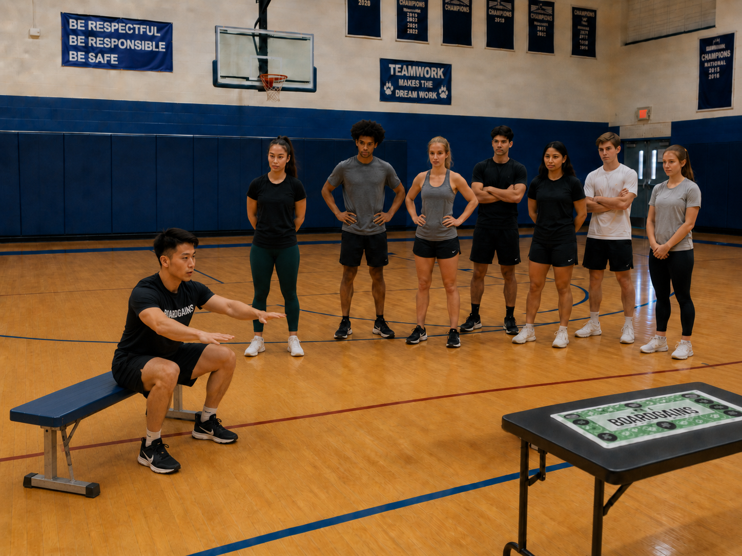 A group of young athletes stands on a school gymnasium floor watching a coach demonstrate a fitness or training exercise on a bench. In the foreground, a folding table displays a 'Boardgains' Fitness Game.