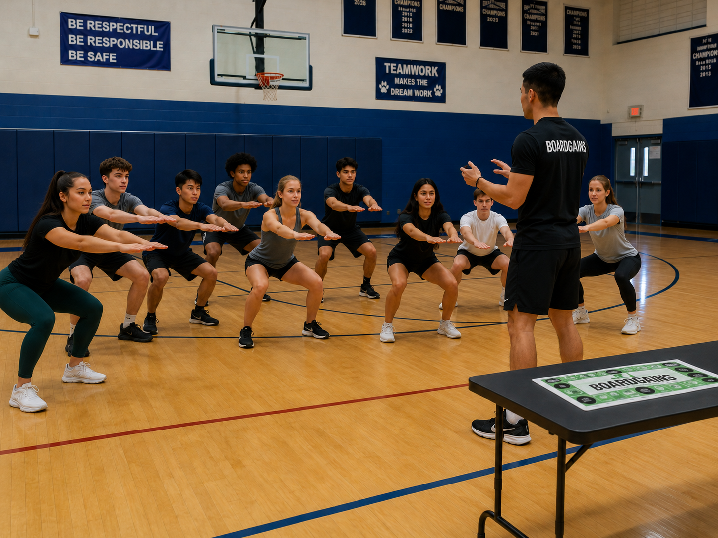 A group of people participating in a fitness or yoga class inside a gymnasium, with a coach standing and demonstrating exercises. A folding table in the foreground displays a 'Boardgains' Fitness game.