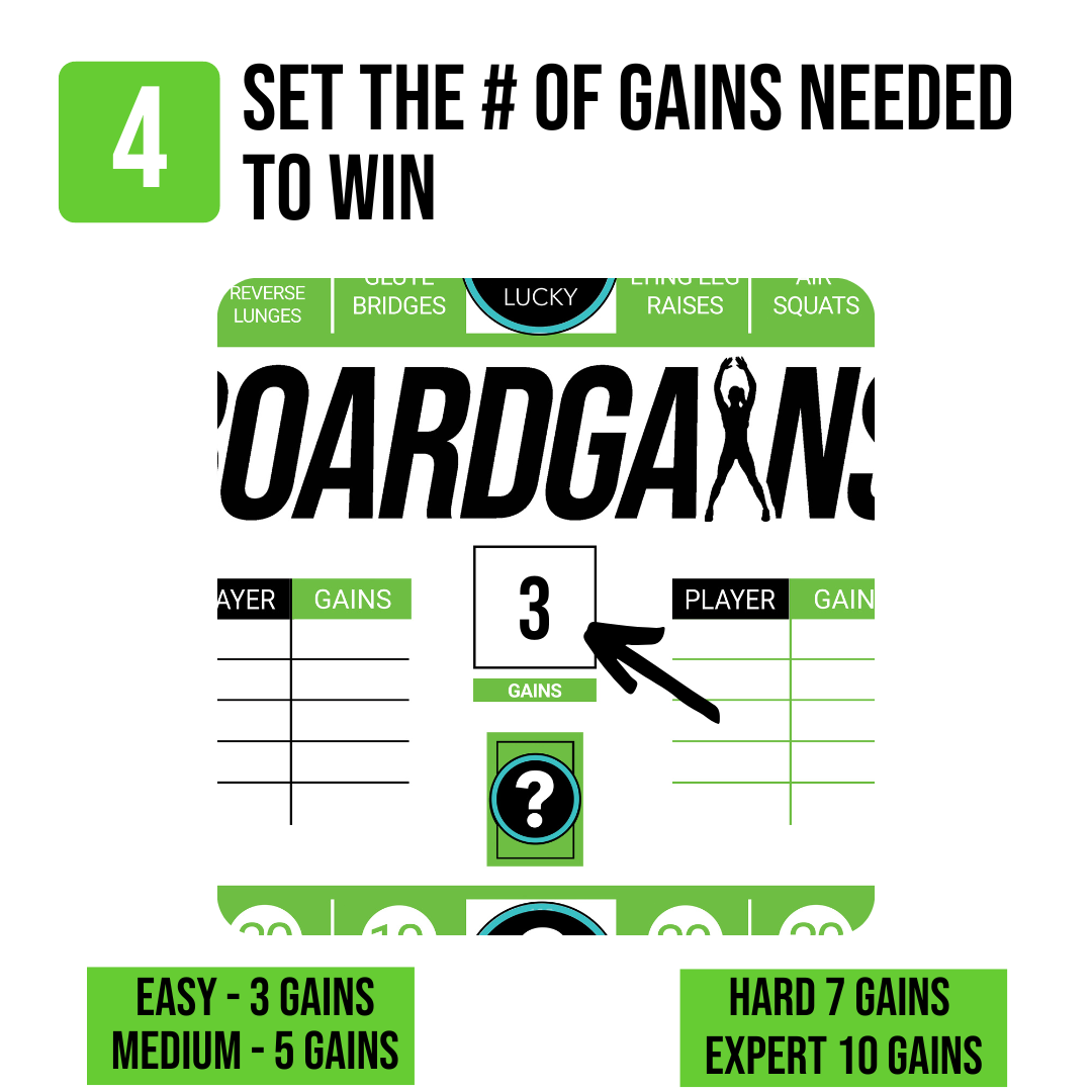How to play Boardgains  fitness game by setting the number of GAINS (Laps Around The Board) needed to win and writing that number on the middle of the board.