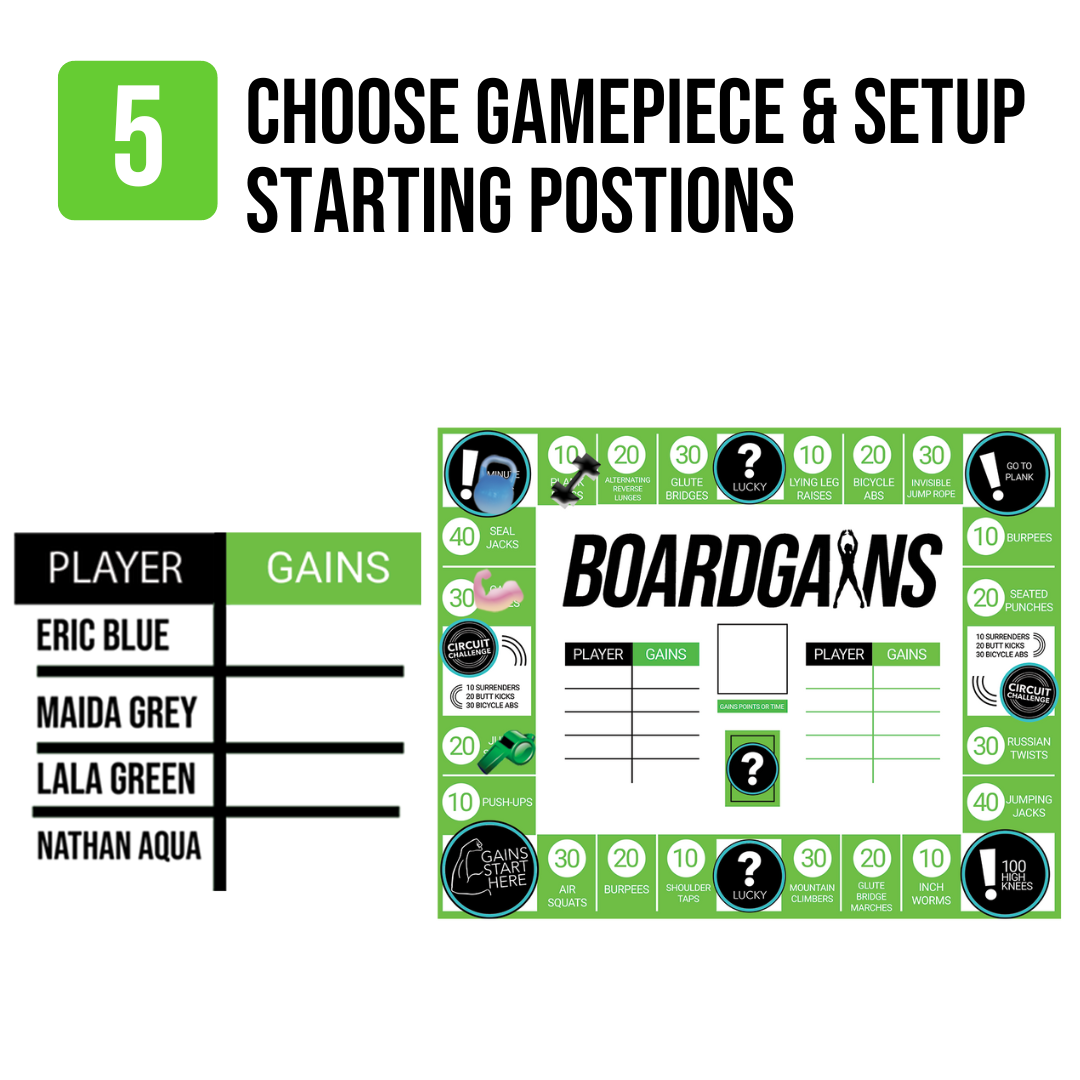 How to play Boardgains workout game by choosing Gamepieces & Setup Starting Postions
