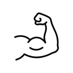 A minimalist black line icon of a flexed bicep arm on a plain white background.