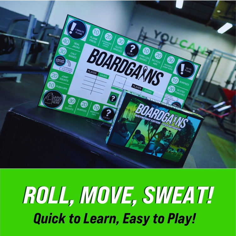 BoardGains Pro Edition board displayed, featuring the game's engaging design with the motto 'Roll, Move, Sweat! Quick to Learn, Easy to Play!