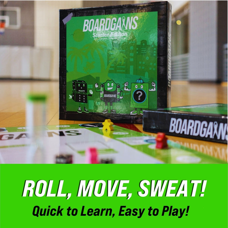 BoardGains Starter Edition board displayed, featuring the game's engaging design with the motto 'Roll, Move, Sweat! Quick to Learn, Easy to Play!'