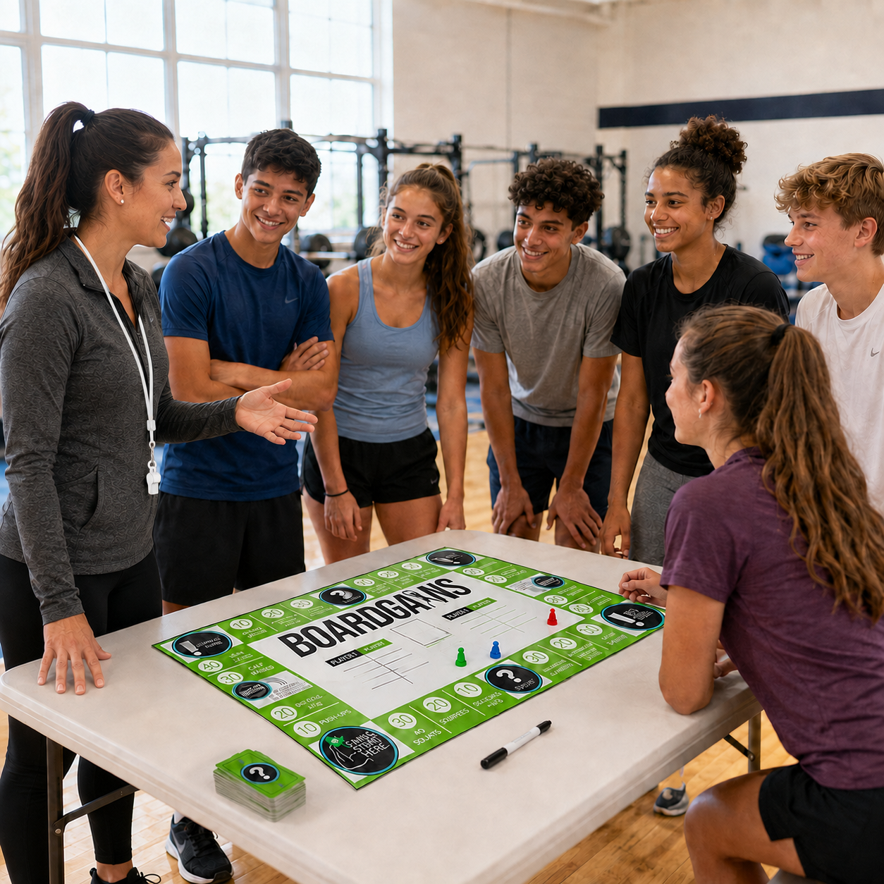 A group of six young adults are gathered around a table in a gym setting, playing a green Fitness board game called 'BOARDGAINS'.