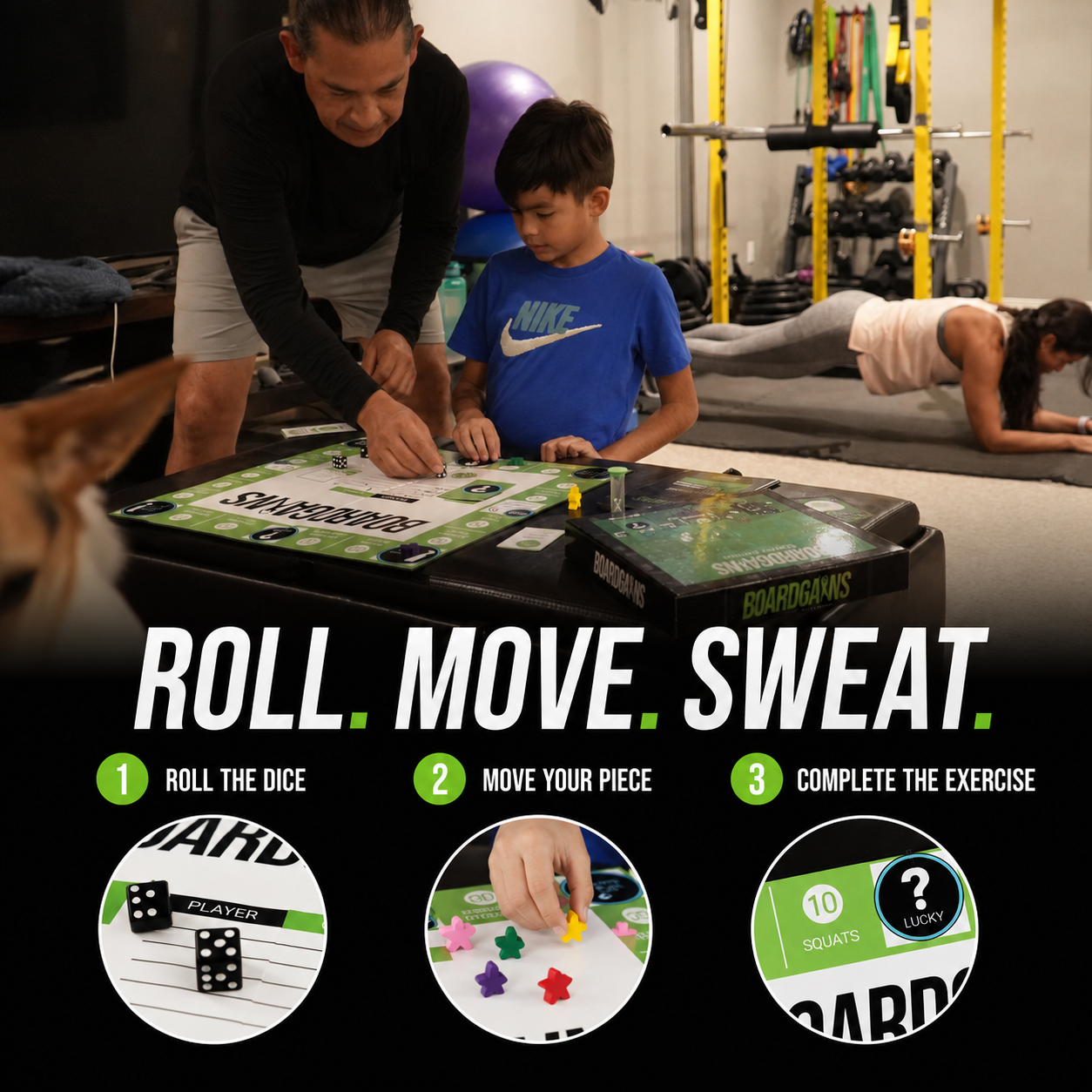 A lifestyle promotional graphic for the Boardgains Fitness Game 'Roll, Move, Sweat' game. It shows an adult and a child playing the game on a gym floor, with a dog's head visible in the foreground. Spanish mom planking on elbows in the background.