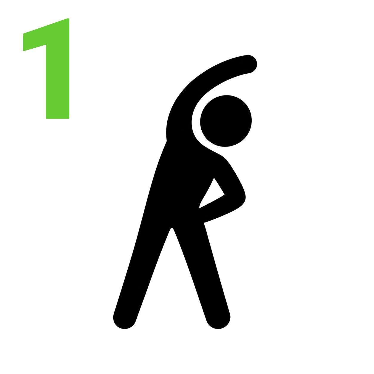 A black minimalist stick figure performing a stretching pose on a white background, with a bright green number 1 in the top left corner.