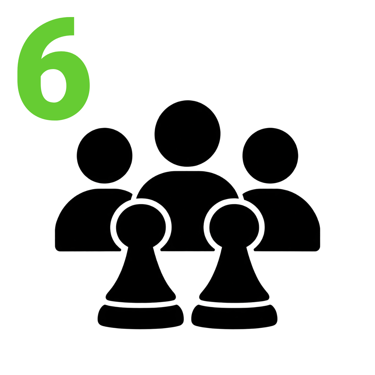 A digital icon featuring a green number six above a black silhouette graphic of a group of five people and two chess pawns, set against a solid white background.