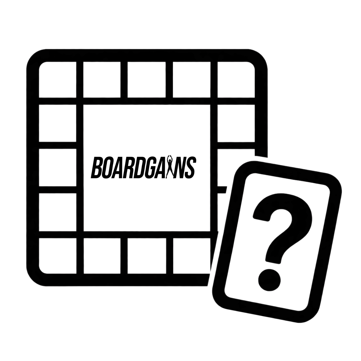 Black and white graphic icon featuring a board game grid with the text 'BOARDGAINS' and a tilted question mark card, representing a mystery board game box.