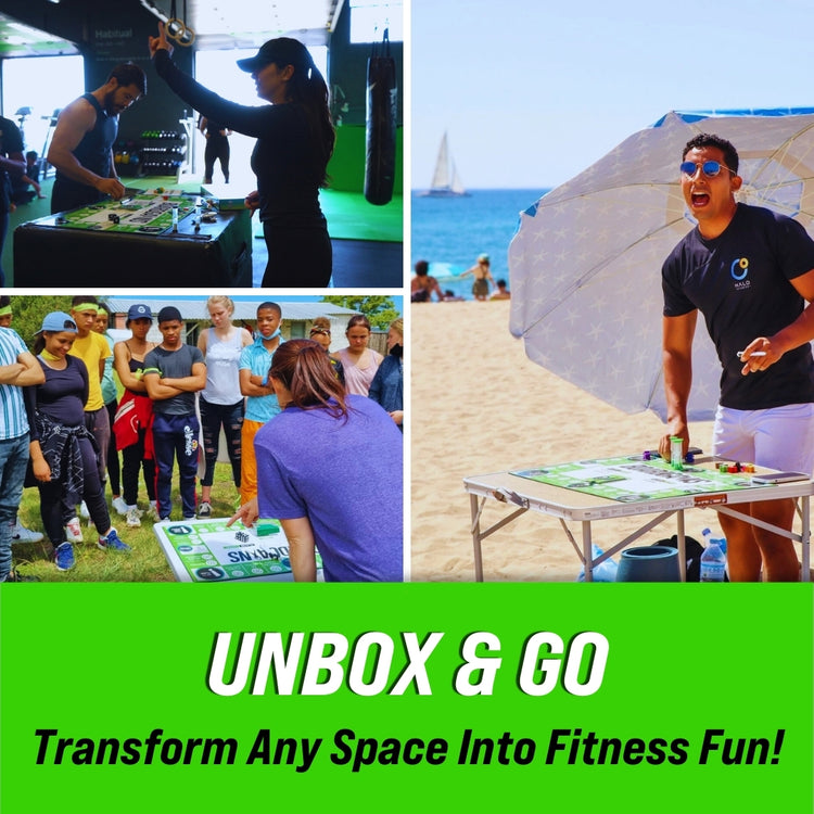 BoardGains PRO Edition in action at home, beach, and gym, showing its versatility to transform any space into a fitness playground with the tagline 'Unbox & Go: Transform Any Space Into Fitness Fun!