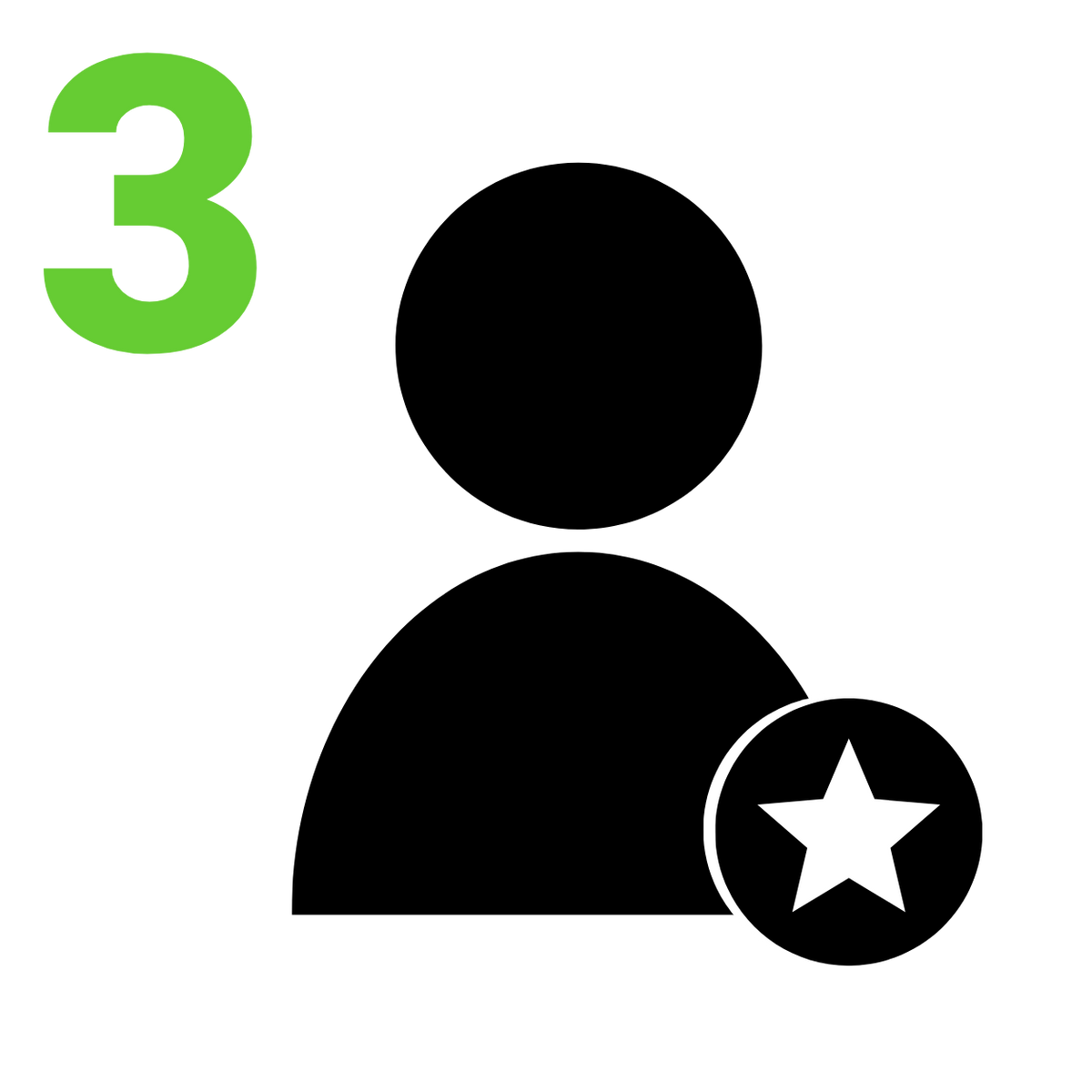 A digital icon featuring a black silhouette of a person with a white star inside a black circle on the lower right, alongside a bright green number '3' on the upper left, set against a solid white background.