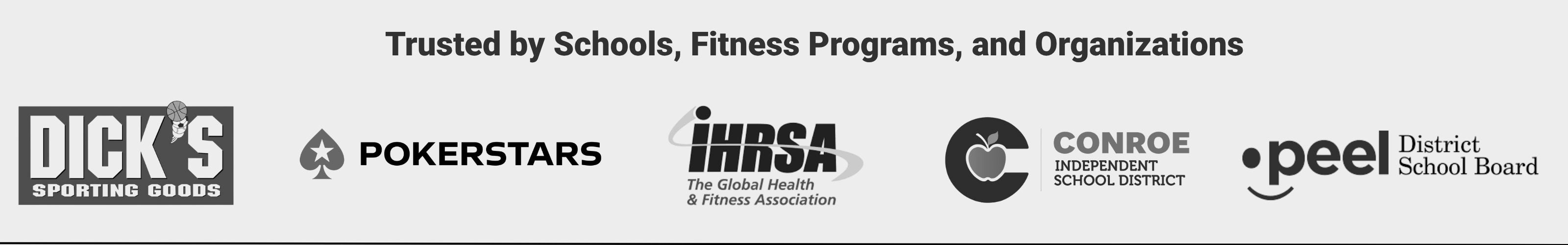 A horizontal banner featuring a list of trusted organizations and logos, including Dick's Sporting Goods, Pokerstars, Inrsa, Conroe Golf & Country Club, and peel District School Board, on a light gray background.