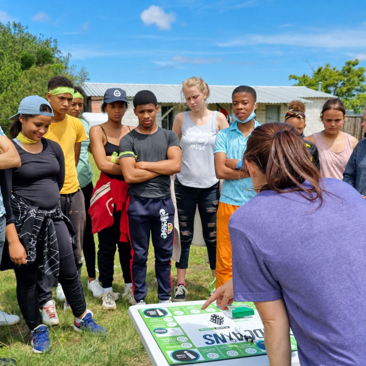 A group of young people gathered outdoors on grass around a boardgains board game, with one person pointing at the game board. The scene includes visible sky, trees, and a building in the background, making this a Lifestyle image.