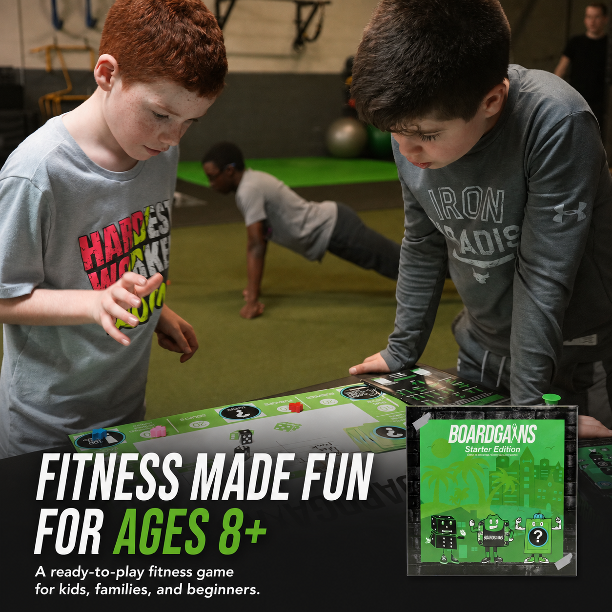 Two boys playing a board game indoors in a gym-like space, with a large promotional text overlay at the bottom reading 'FITNESS MADE FUN FOR AGES 8+' and a product box shown in the lower right. The product appears to be a board game called Boardgains Starter Edition.