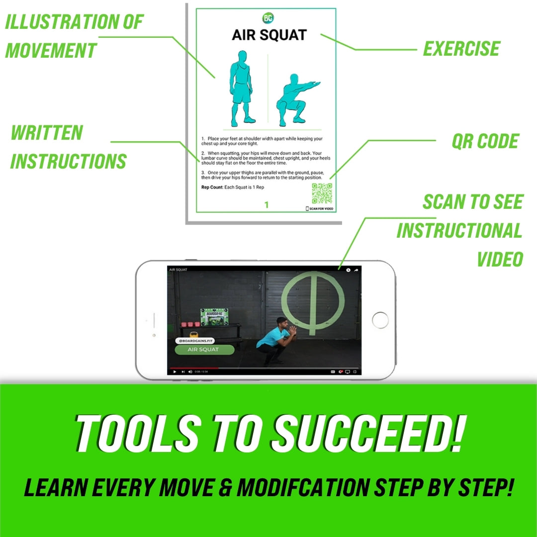 Image of BoardGains exercise guide displaying written instructions and illustrations for each exercise, alongside a QR code for accessing video demonstrations, demonstrating the comprehensive and user-friendly approach to learning the exercises.