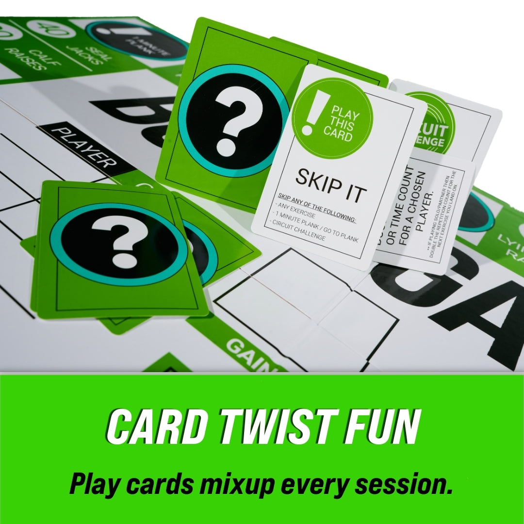 Image of BoardGains displaying its play cards, including the 'SKIP IT' Card and 'Circuit Challenge' Card, highlighting the game's interactive and varied challenges.