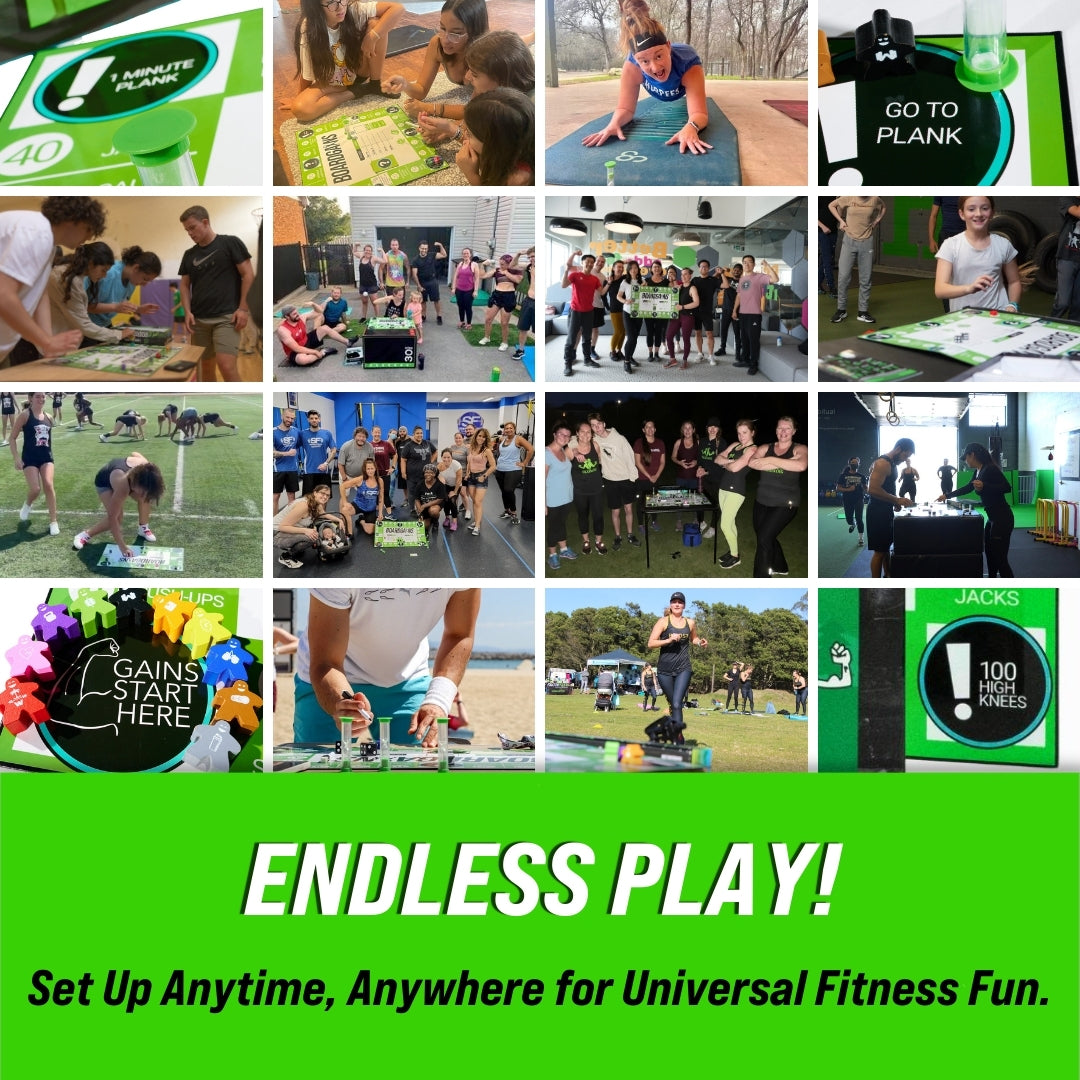 Photo collage featuring BoardGains being played in diverse locations including gyms, homes, schools, beaches, and outdoors, with a group photo of players posing together with the board after a workout, showcasing the game's universal appeal and social aspect.