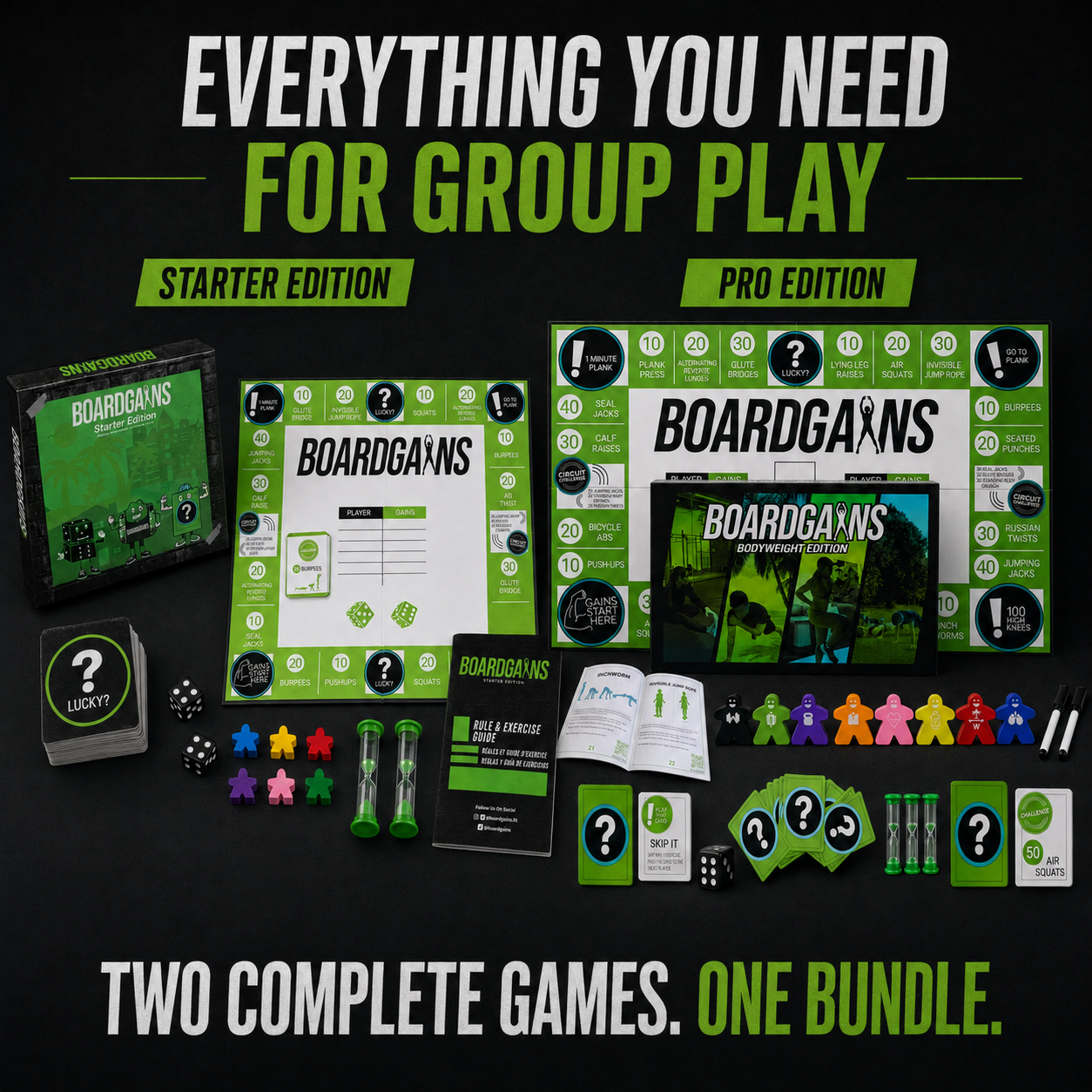 Boardgains bundle set for group play, including a starter edition and pro edition box, board, cards, dice, tokens, and instruction booklet on a black background with promotional text.