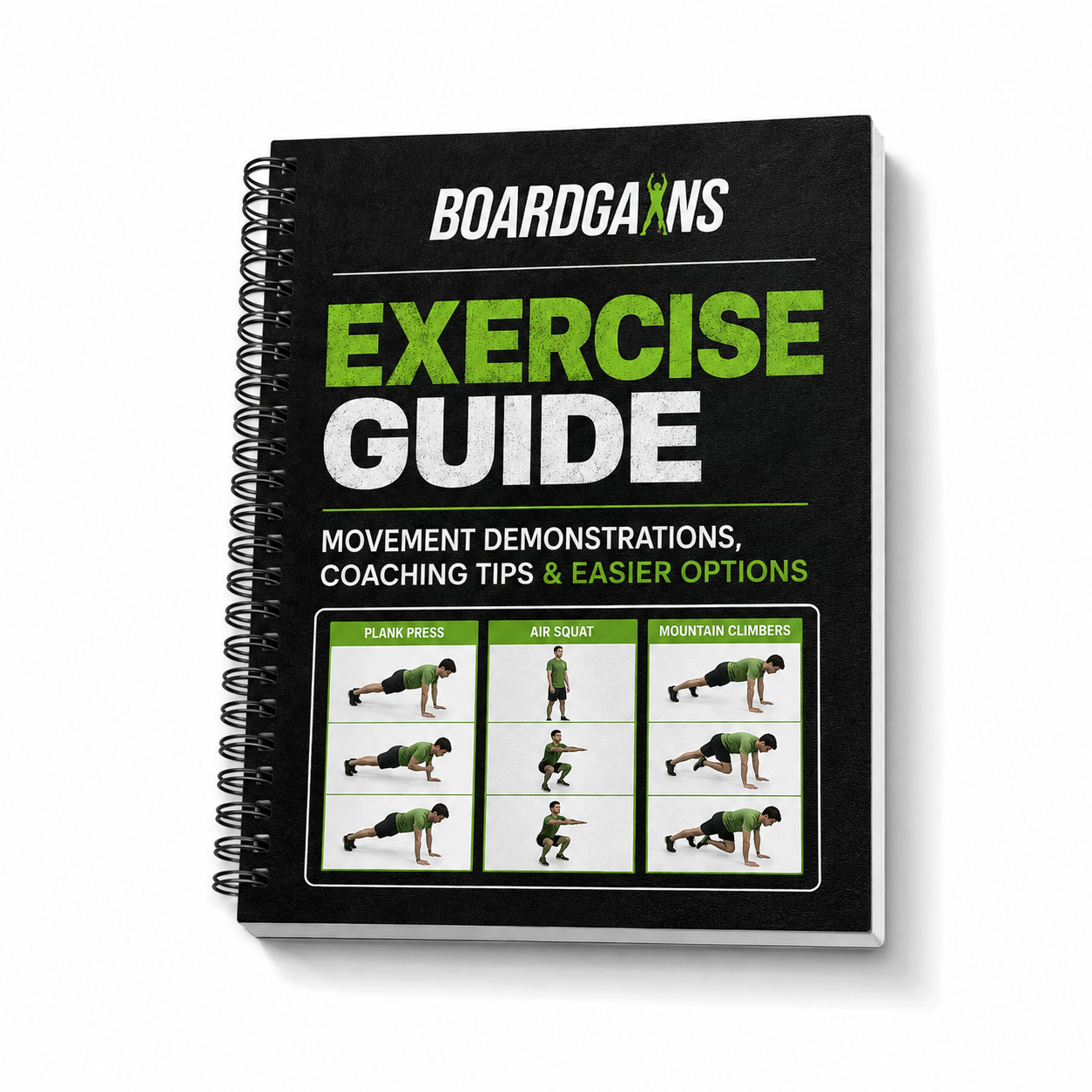 A spiral-bound exercise guide book titled 'BOARDGAINS EXERCISE GUIDE' on a clean white background. The cover is predominantly black with bold green and white text, and includes small exercise demonstration photos in a grid near the bottom.