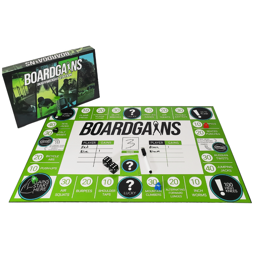 Full Boardgains Game Set - Board, Pieces, and Box Displayed for Complete Fitness Experience